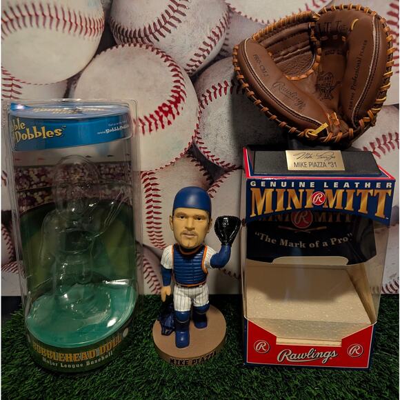 ⚾Mike Piazza Lot – Mets & A’s Bobbleheads + Rawlings Leather Mini Mitt - Picture 5 of 10